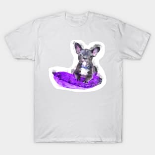 Cute Black And White Bulldog Puppy On A Purple Cusion Digital Portrait T-Shirt